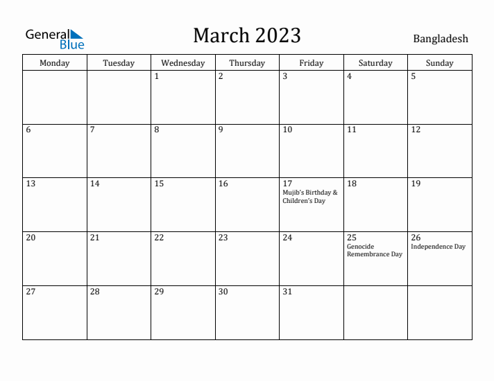 March 2023 Calendar Bangladesh