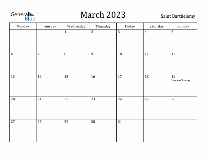 March 2023 Calendar Saint Barthelemy