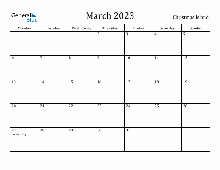 March 2023 Calendar Christmas Island