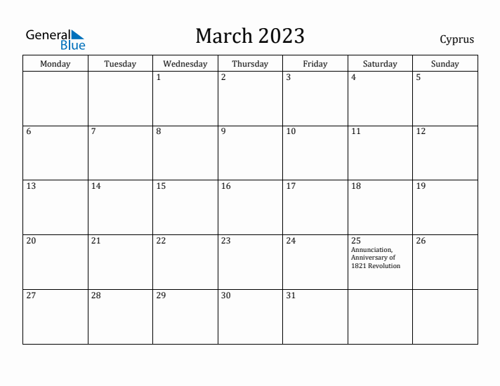 March 2023 Calendar Cyprus