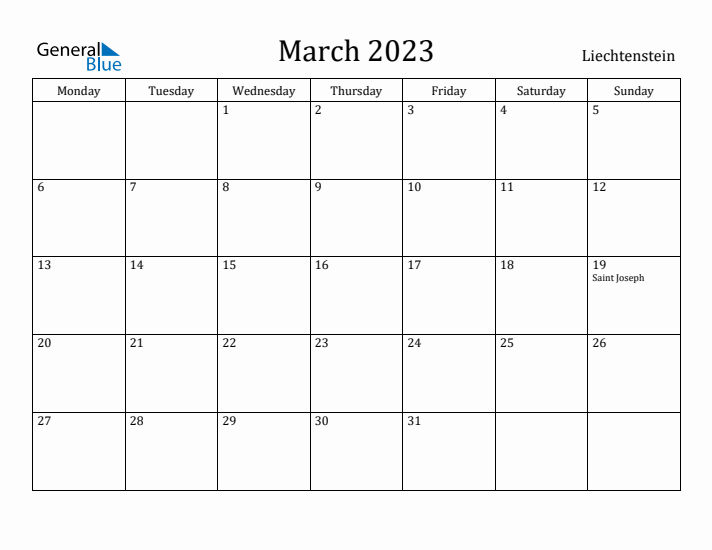 March 2023 Calendar Liechtenstein