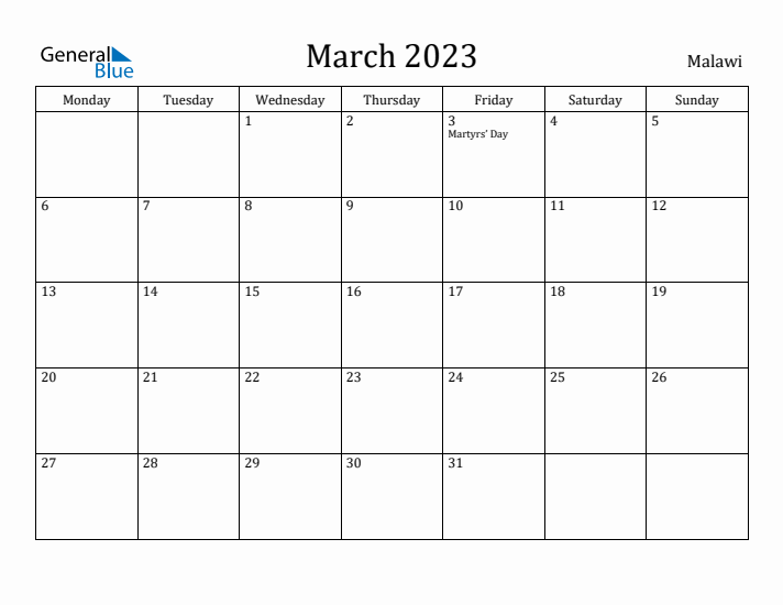 March 2023 Calendar Malawi