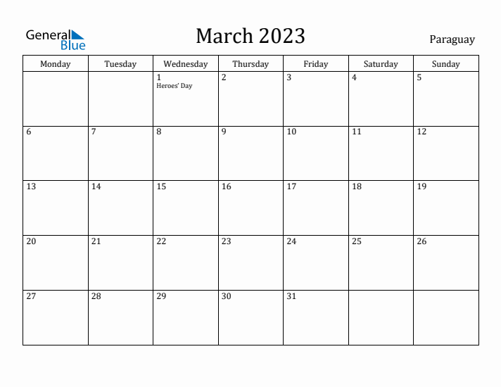 March 2023 Calendar Paraguay