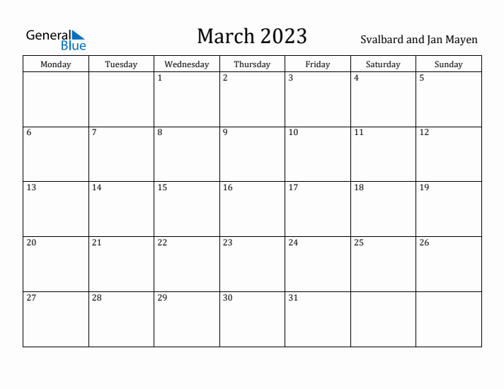 March 2023 Calendar Svalbard and Jan Mayen