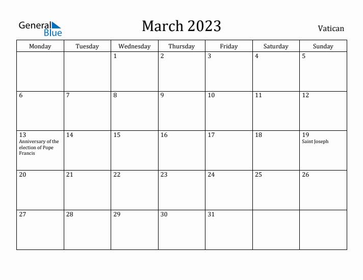 March 2023 Calendar Vatican