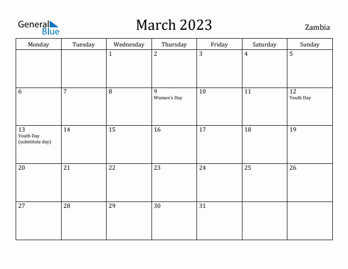 March 2023 Calendar Zambia