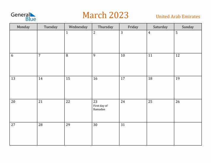 March 2023 Holiday Calendar with Monday Start