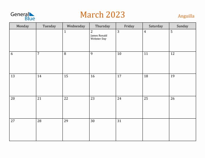 March 2023 Holiday Calendar with Monday Start