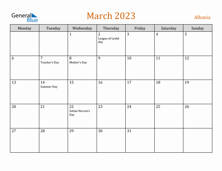 March 2023 Holiday Calendar with Monday Start