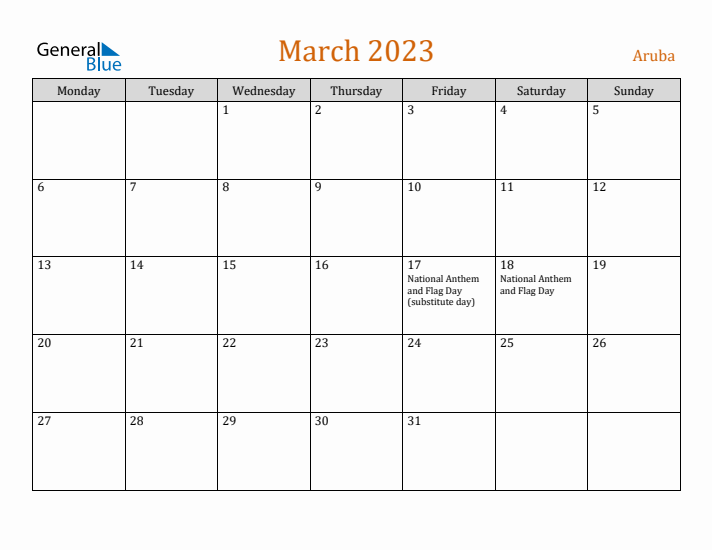 March 2023 Holiday Calendar with Monday Start