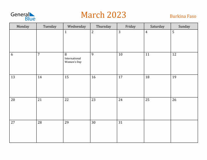 March 2023 Holiday Calendar with Monday Start