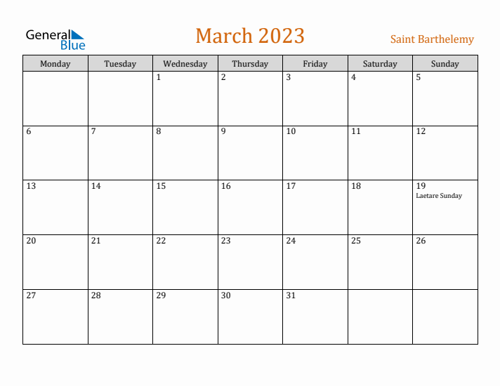 March 2023 Holiday Calendar with Monday Start