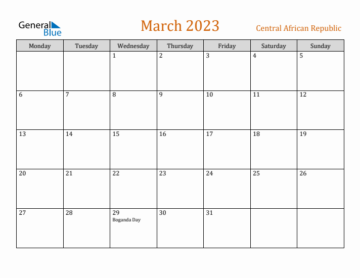 March 2023 Holiday Calendar with Monday Start