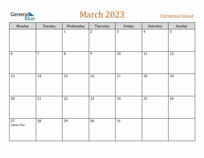 March 2023 Holiday Calendar with Monday Start