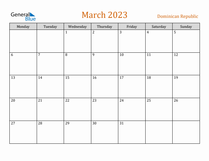 March 2023 Holiday Calendar with Monday Start