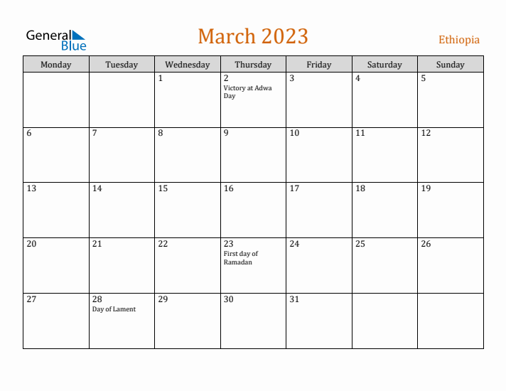 March 2023 Holiday Calendar with Monday Start