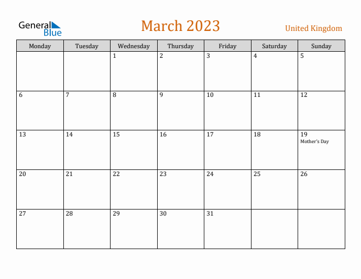 March 2023 Holiday Calendar with Monday Start