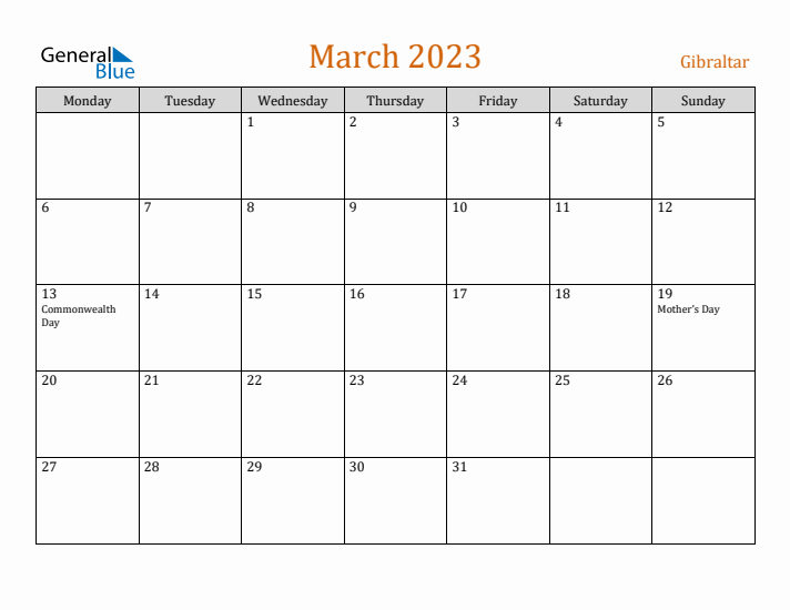 March 2023 Holiday Calendar with Monday Start