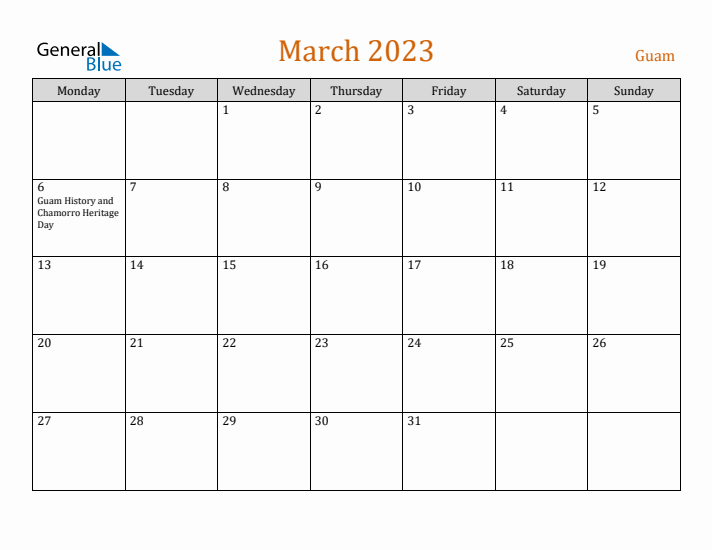 March 2023 Holiday Calendar with Monday Start