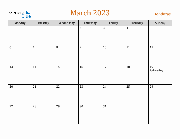 March 2023 Holiday Calendar with Monday Start