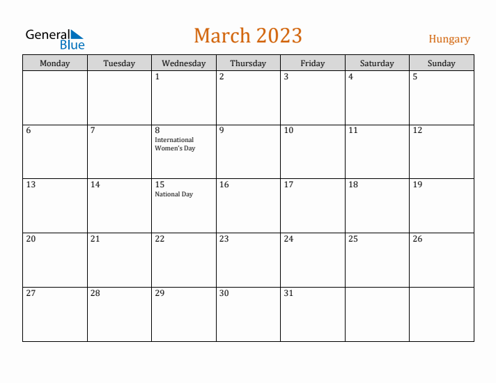 March 2023 Holiday Calendar with Monday Start