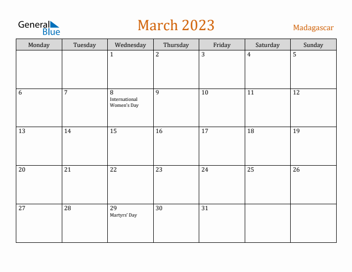 March 2023 Holiday Calendar with Monday Start