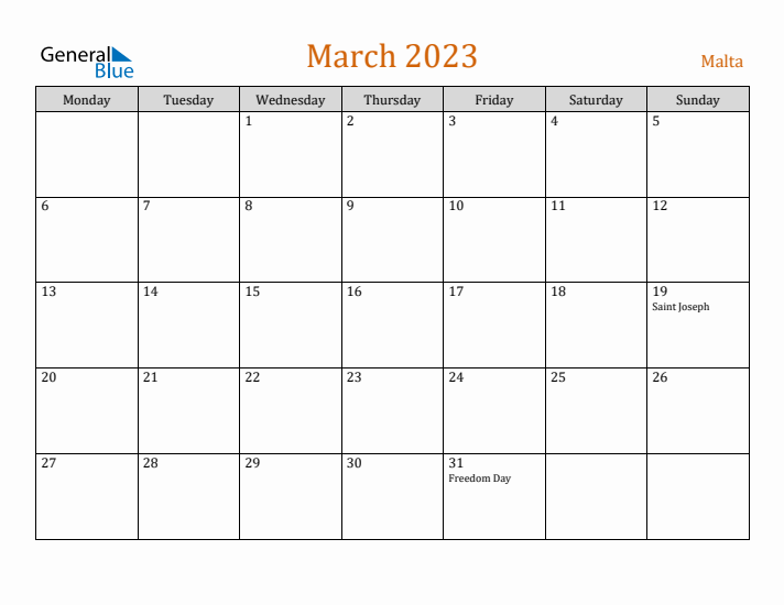 March 2023 Holiday Calendar with Monday Start