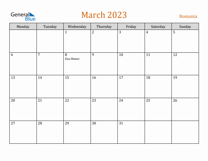 March 2023 Holiday Calendar with Monday Start