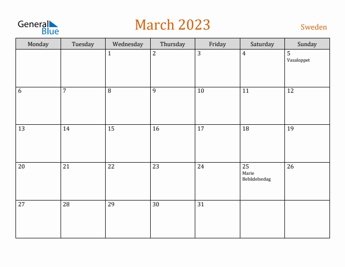 March 2023 Holiday Calendar with Monday Start