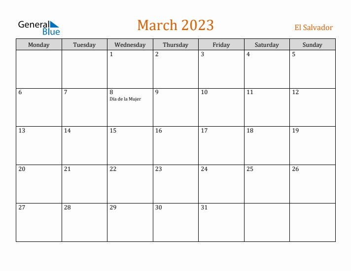 March 2023 Holiday Calendar with Monday Start