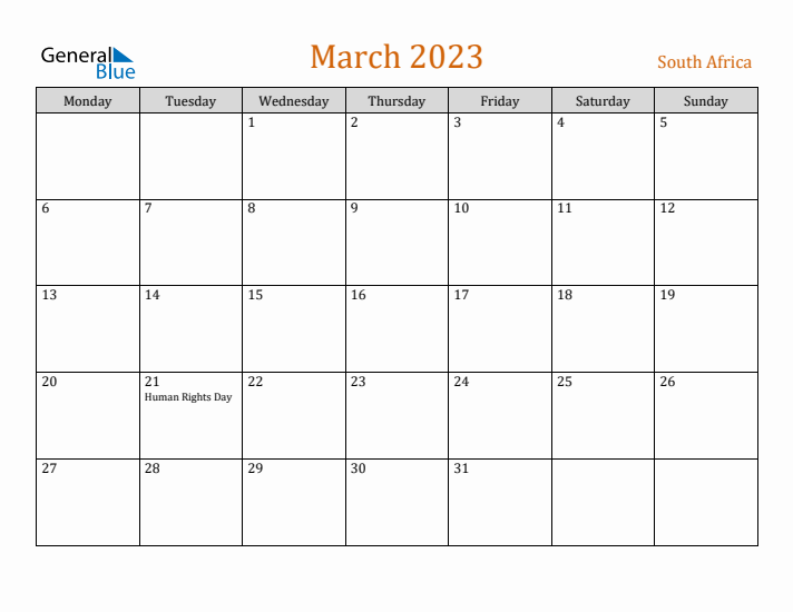 March 2023 Holiday Calendar with Monday Start