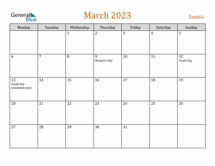 March 2023 Holiday Calendar with Monday Start