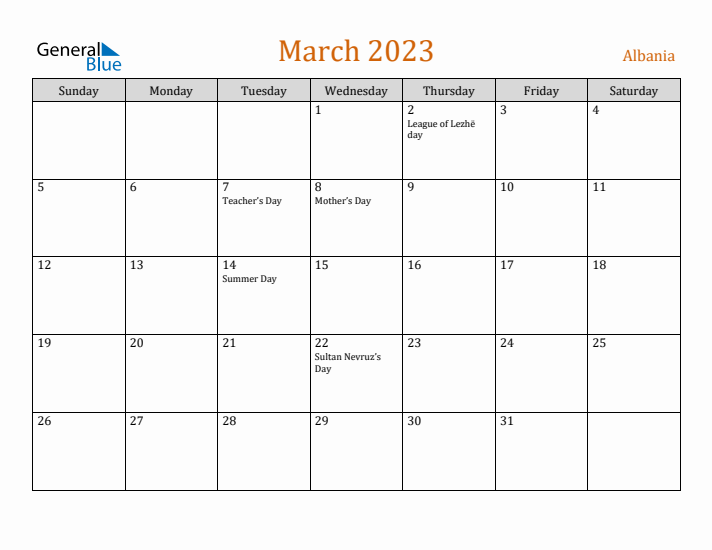 March 2023 Holiday Calendar with Sunday Start