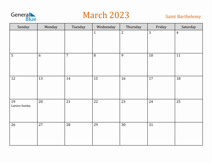 March 2023 Holiday Calendar with Sunday Start