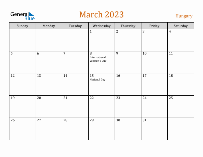 March 2023 Holiday Calendar with Sunday Start