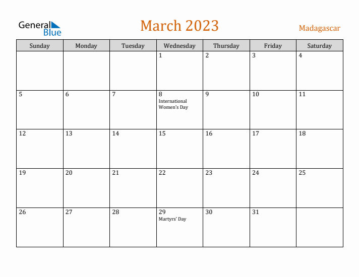 March 2023 Holiday Calendar with Sunday Start