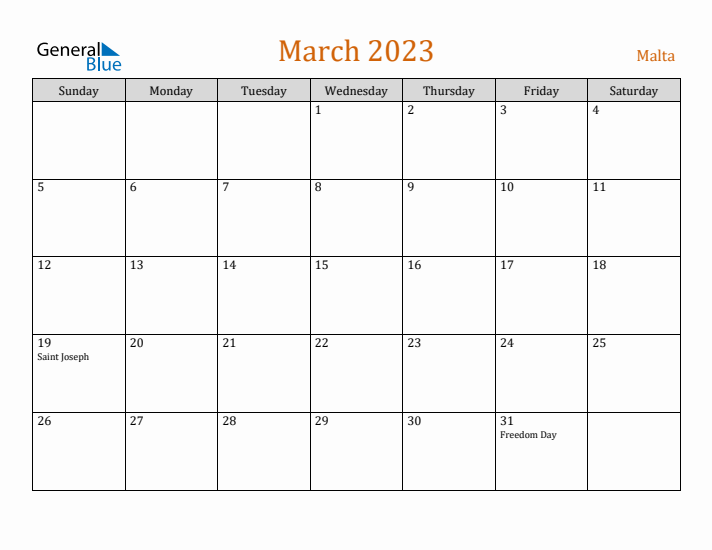 March 2023 Holiday Calendar with Sunday Start