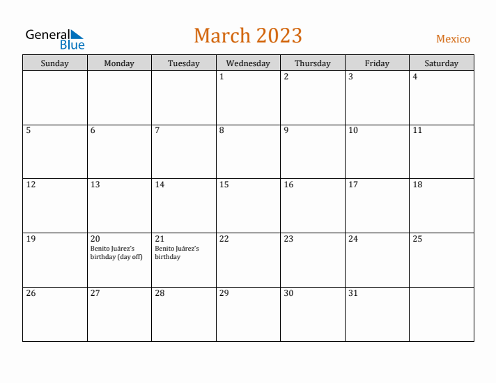 March 2023 Holiday Calendar with Sunday Start