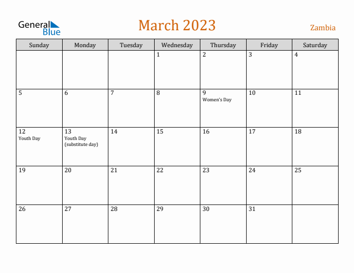 March 2023 Holiday Calendar with Sunday Start