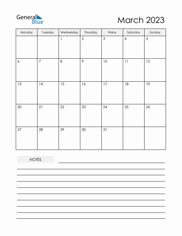 Printable Calendar with Notes - March 2023 