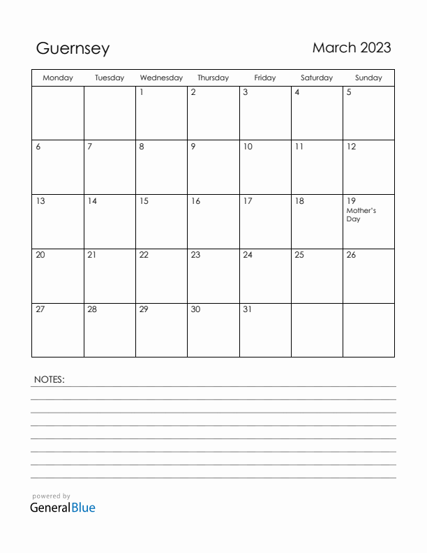 March 2023 Guernsey Calendar with Holidays (Monday Start)