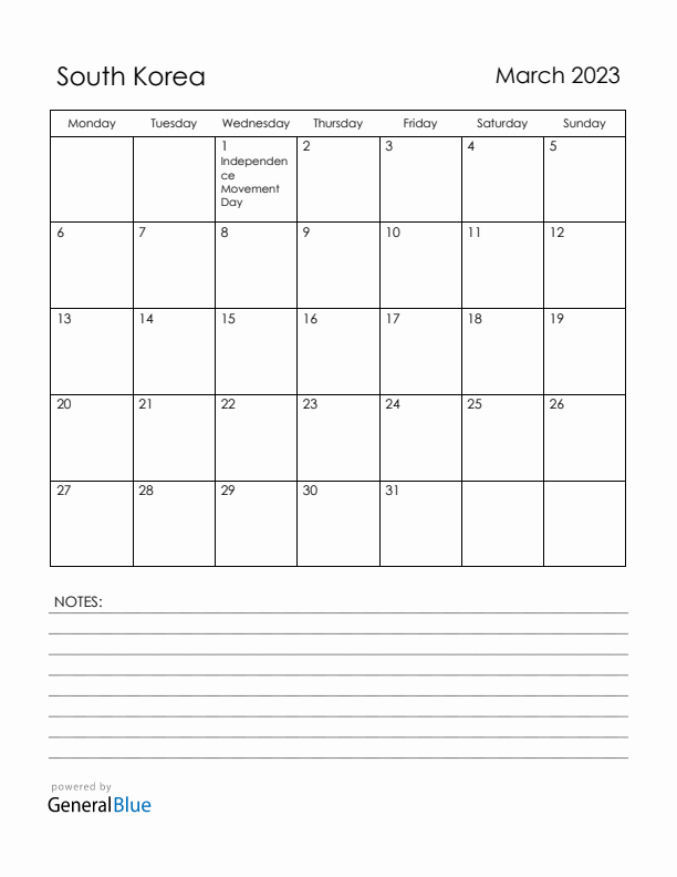 March 2023 South Korea Calendar with Holidays (Monday Start)
