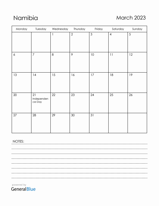 March 2023 Namibia Calendar with Holidays (Monday Start)