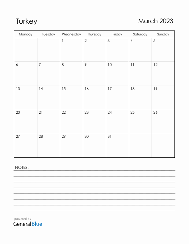 March 2023 Turkey Calendar with Holidays (Monday Start)