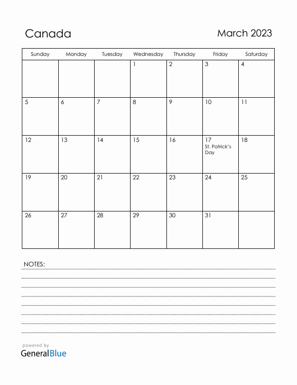 March 2023 Canada Calendar with Holidays (Sunday Start)
