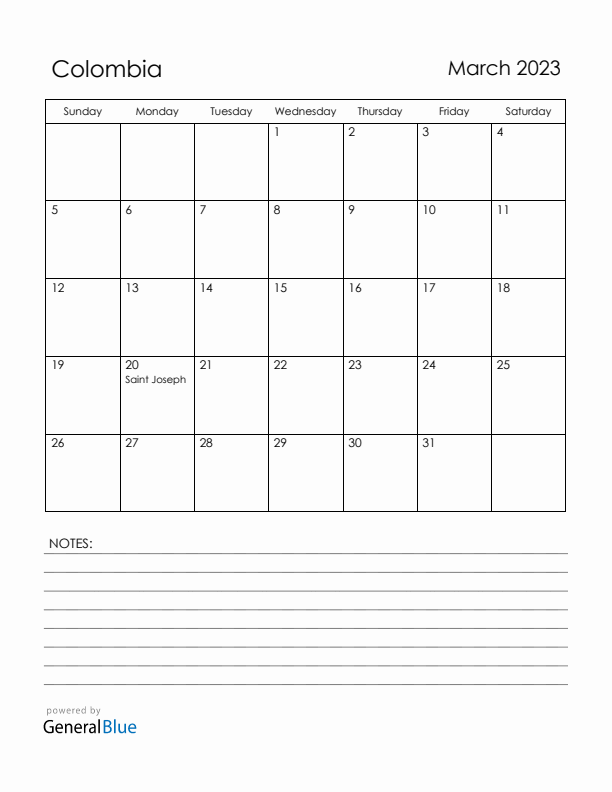 March 2023 Colombia Calendar with Holidays (Sunday Start)