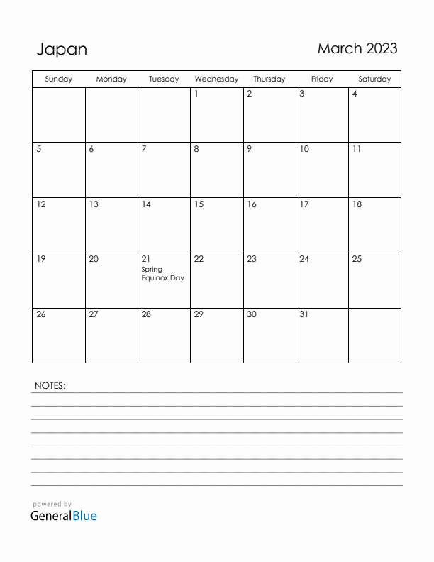 March 2023 Japan Calendar with Holidays (Sunday Start)