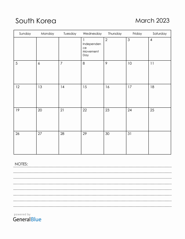 March 2023 South Korea Calendar with Holidays (Sunday Start)