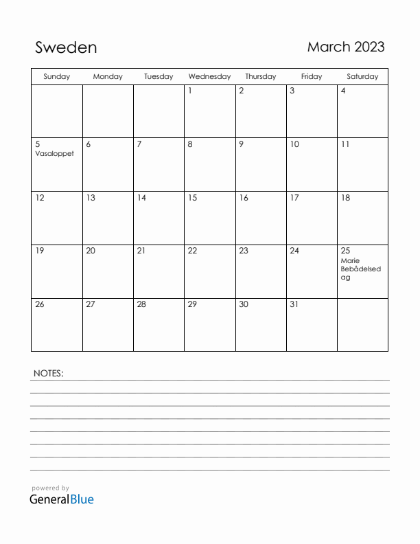 March 2023 Sweden Calendar with Holidays (Sunday Start)