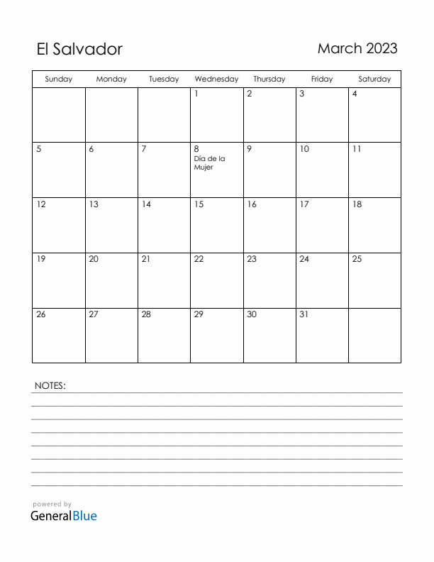 March 2023 El Salvador Calendar with Holidays (Sunday Start)